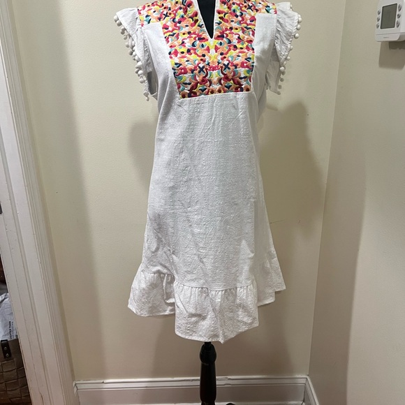 KIRUNDO Embroidered Boho Dress Pom Pom Sleeves White Medium - Picture 14 of 14